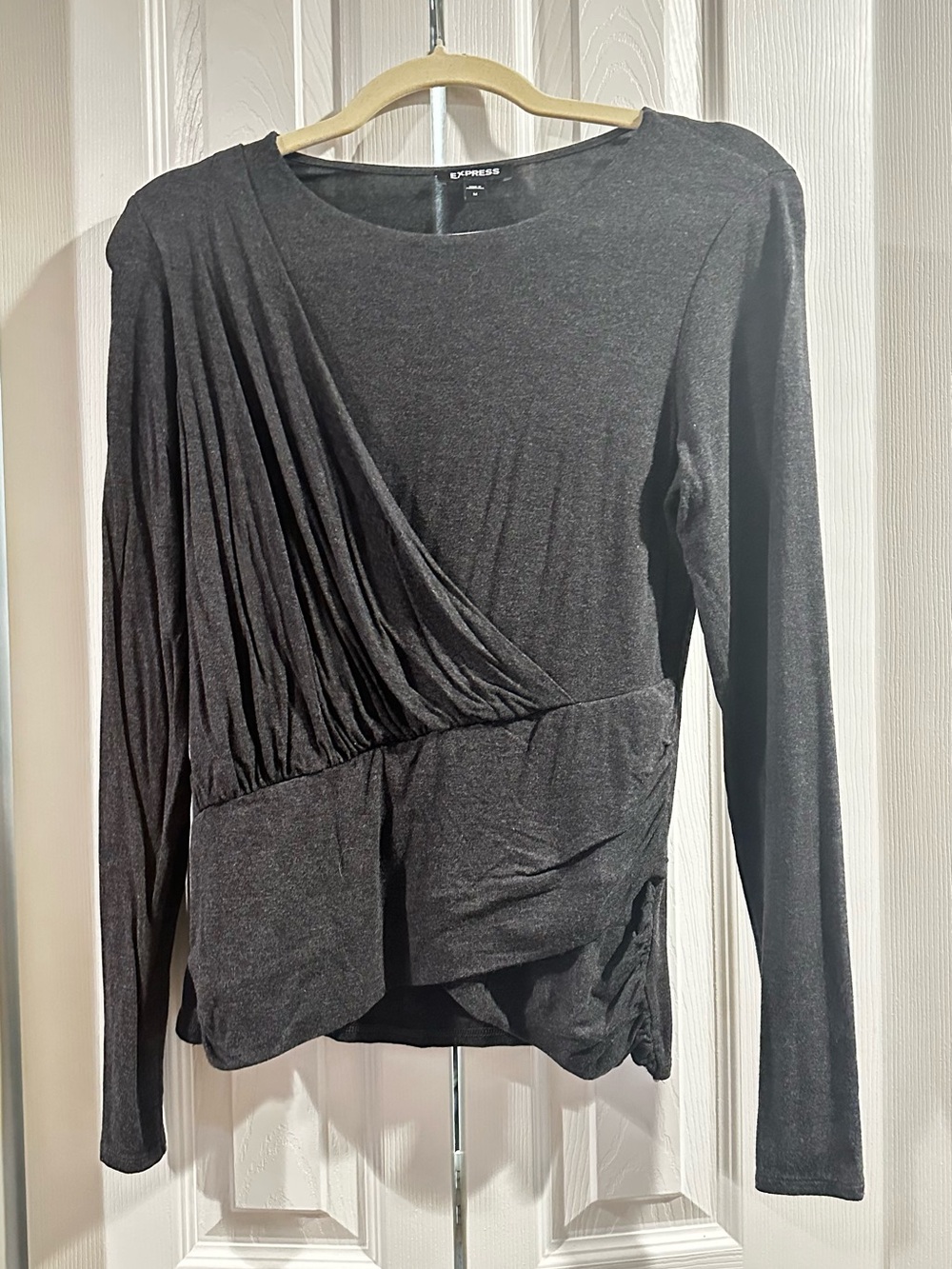 Express Black Long-Sleeve Draped Wrap-Front Top